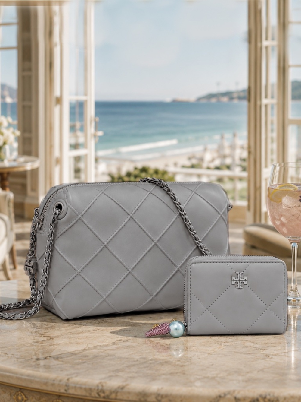 NEW Tory Burch Fleming Soft Gray Quilted Small Crossbody Bag and Kira Wallet Set
